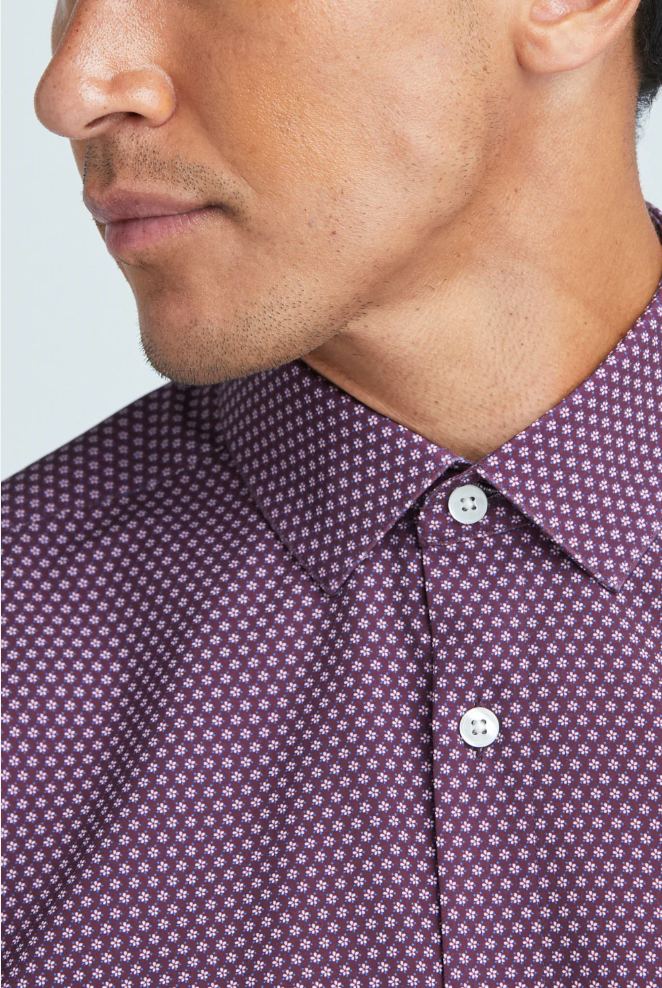 Close up on the collar of a State of Matter Sustainable Men's Burgundy Floral Long Sleeve Dress Shirt 