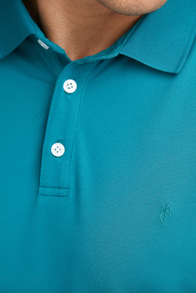 Close up on the collar of a State of Matter's Sustainable Men's Storm Polo Shirt Classic Fit