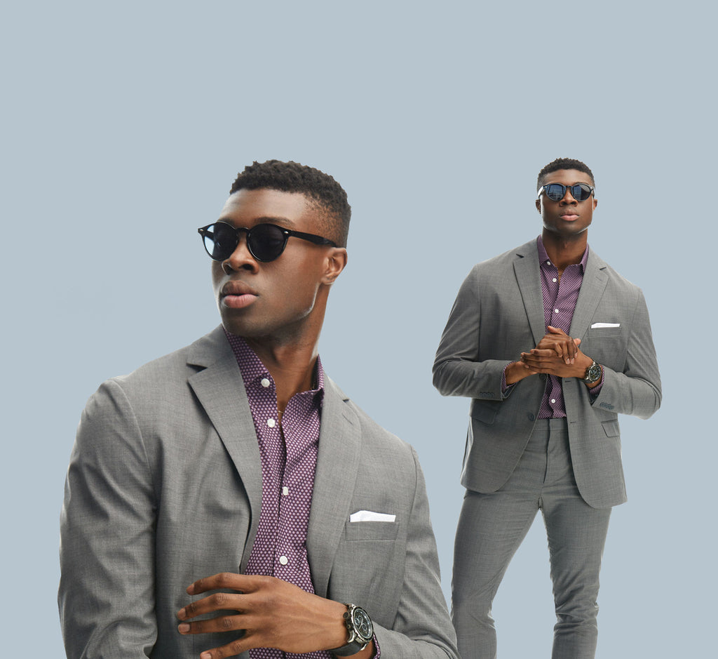 The same man appears twice wearing a Grey Cooling Performance Suit by State of Matter and Sustainable Men's Burgundy Floral Long Sleeve Dress Shirt against a grey backdrop. 