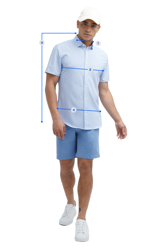 A guide on how to measure for shirts and pants on a male model wearing a white baseball cap, Men's Light Blue Short Sleeve Shirt With Beach Ball Print, and State of Matter Sustainable Powder Blue Shorts.