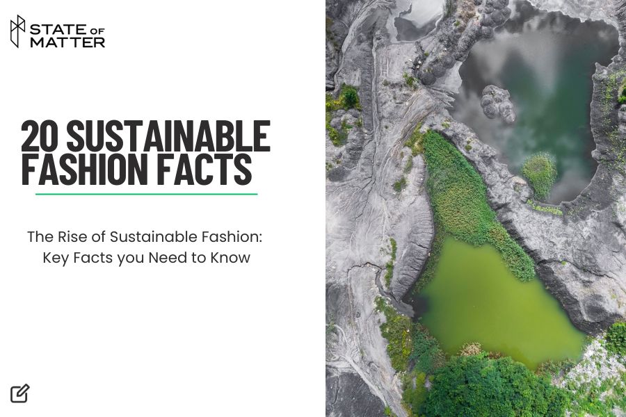 Aerial view of a natural, rocky landscape with green vegetation and bodies of water, accompanying the title '20 Sustainable Fashion Facts' for State of Matter's feature on the rise of sustainable fashion.