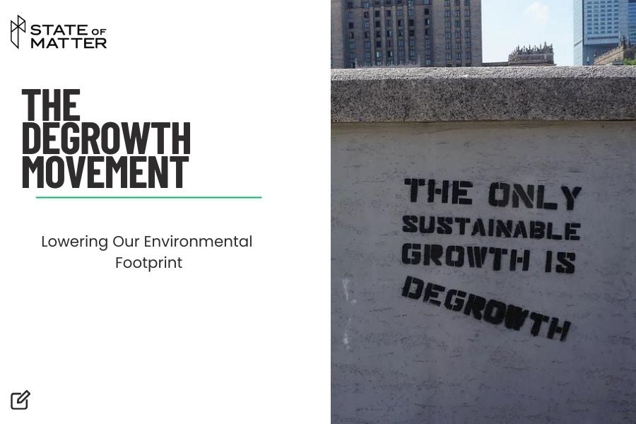 Featured image for blog post: "THE DEGROWTH MOVEMENT - Lowering Our Environmental Footprint" by State of Matter, depicting a stenciled message on a wall that reads "THE ONLY SUSTAINABLE GROWTH IS DEGROWTH," against an urban backdrop.