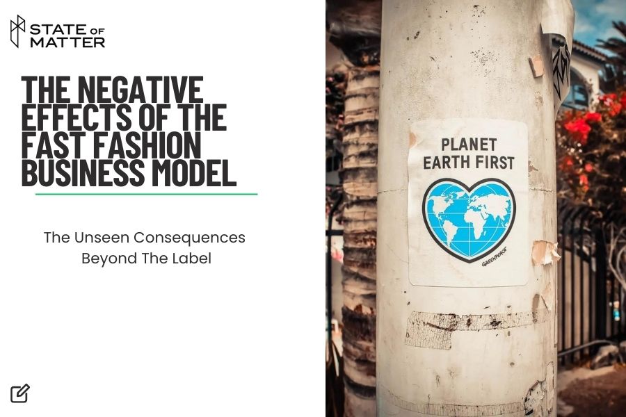 Featured image for blog post: "THE NEGATIVE EFFECTS OF THE FAST FASHION BUSINESS MODEL - The Unseen Consequences Beyond The Label" by State of Matter, with a photograph of a "PLANET EARTH FIRST" sticker on a utility pole.