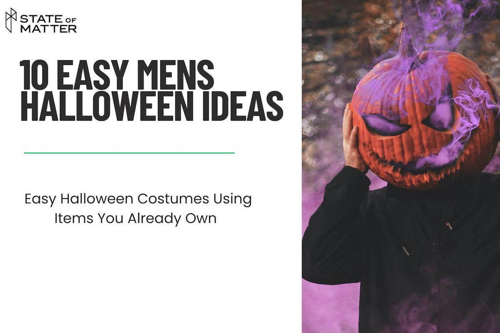 A person with a pumpkin head emitting smoke stands against a purple haze background, representing '10 Easy Men's Halloween Ideas' by State of Matter.