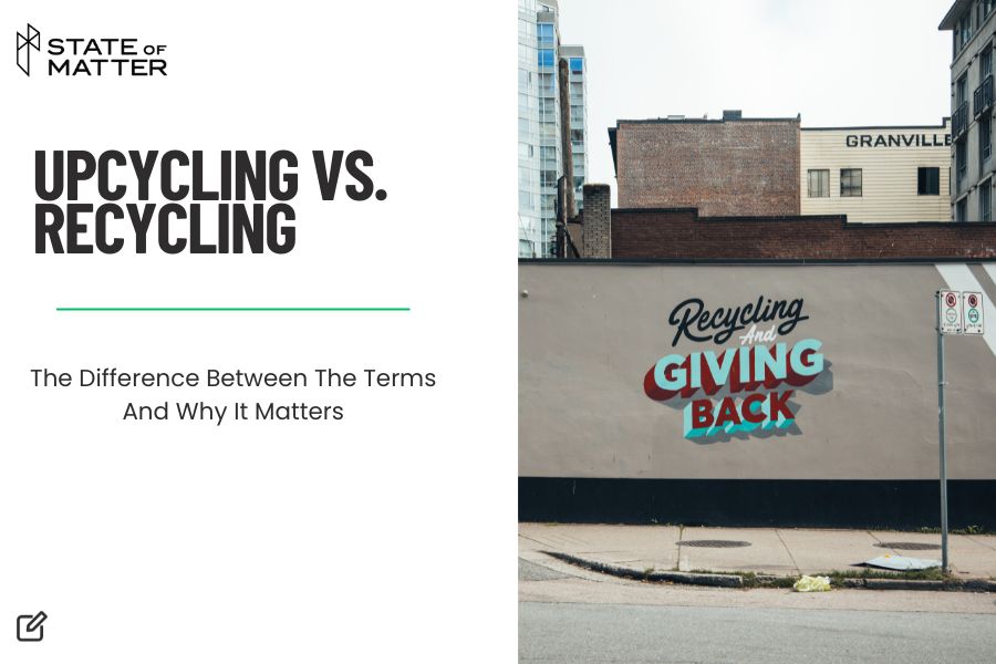 Blog post header with 'Upcycling vs. Recycling' beside a mural that reads 'Recycling and Giving Back' on a city wall.