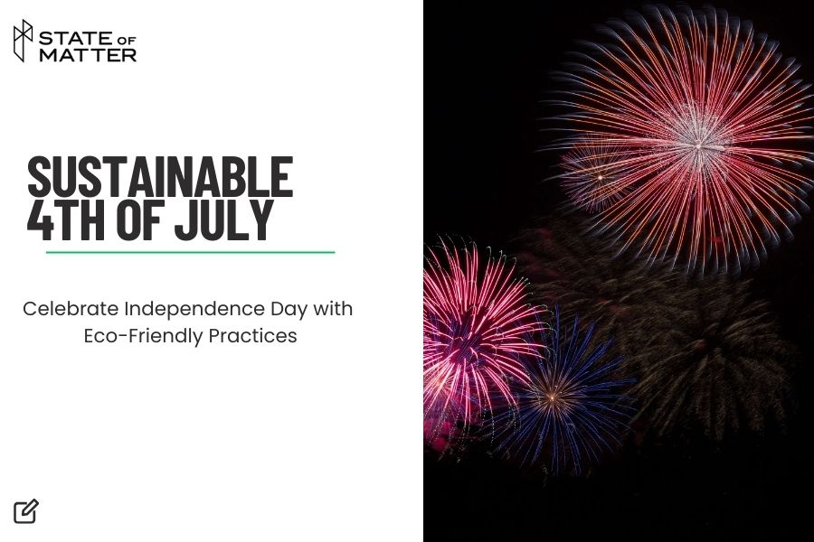 Graphic promoting 'Sustainable 4th of July' with text and an eco-friendly message, alongside a fireworks display in red, pink, and blue against the night sky.
