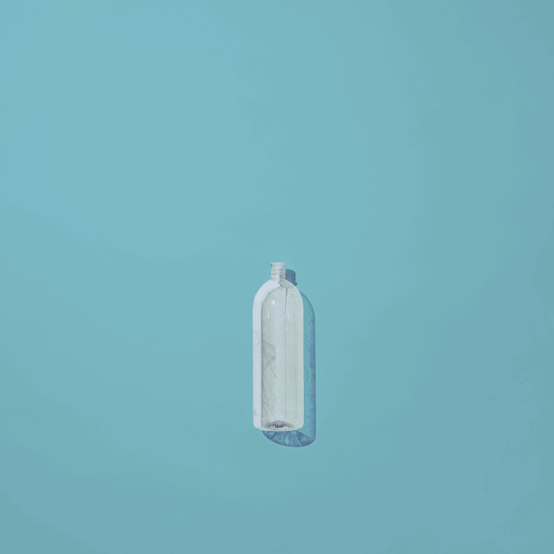 An animation of a plastic water bottle turning into State of Matter sustainable polo shirts. 