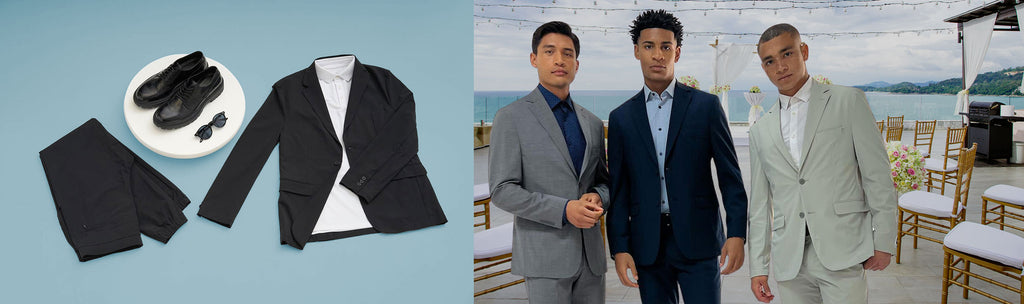 Two pictures side-by-side, the first is a black State of Matter suit and dress shoes against a pale blue background. The second image is of three men in State of Matter men's suits. 