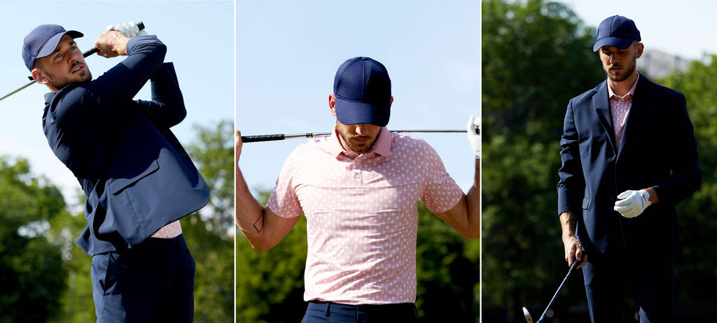 Three images side-by-side of a man playing golf wearing a State of Matter sustainable navy suit