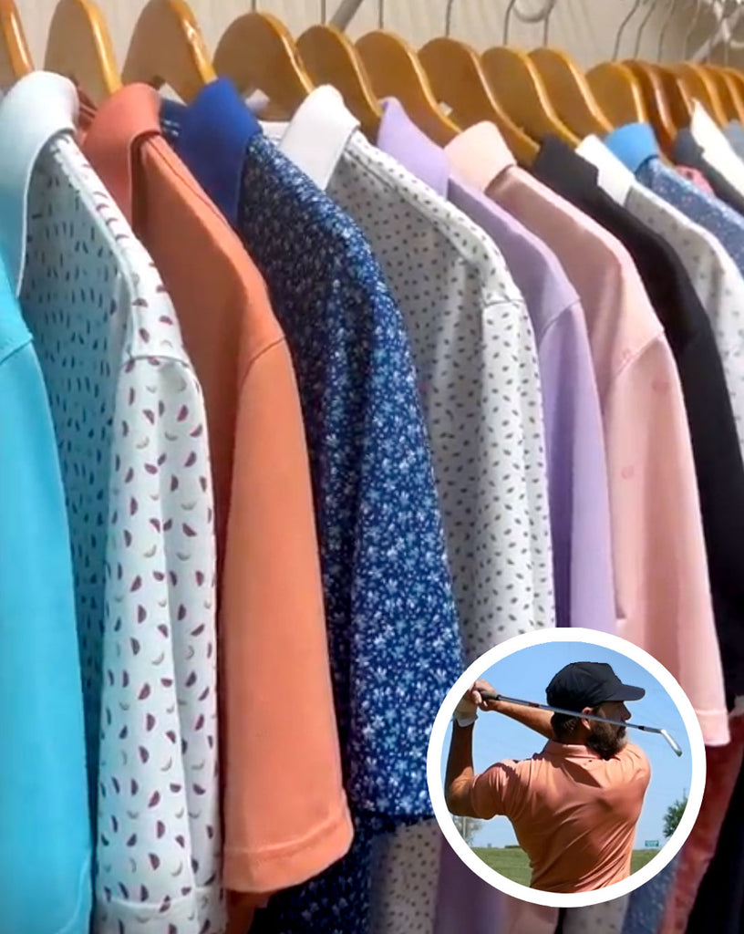 Several State of Matter's sustainable polo shirts on hangers 