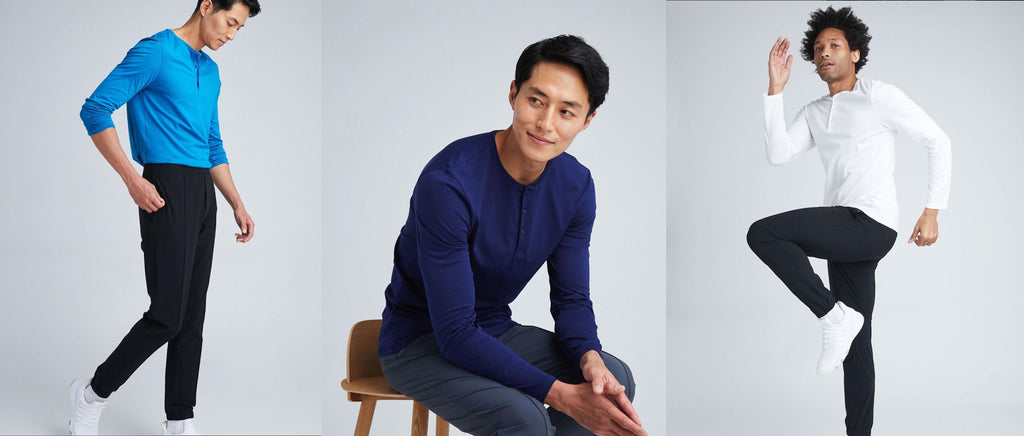 Three images set side-by-side of three men wearing State of Matter long-sleeve Men's Henley Shirt and sustainable chinos  