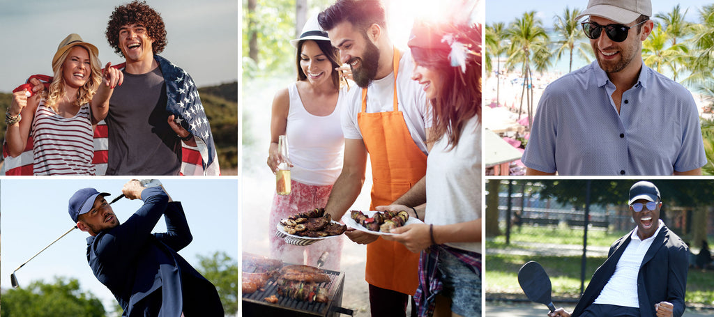 This summer activities collage includes a group of friends barbequing, two people with the American flag over their shoulders, a man playing golf in a State of Matter navy suit, and a man playing racquetball in a black sustainable suit jacket.  