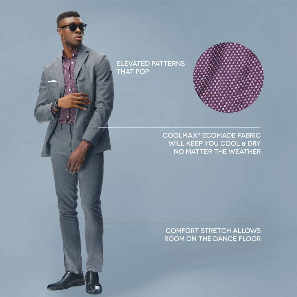A man wearing a Grey Cooling Performance Suit Jacket by State of Matter and sustainable suit pants. The image includes a close up of the Sustainable Men's Burgundy Floral Long Sleeve Dress Shirt being worn. 
