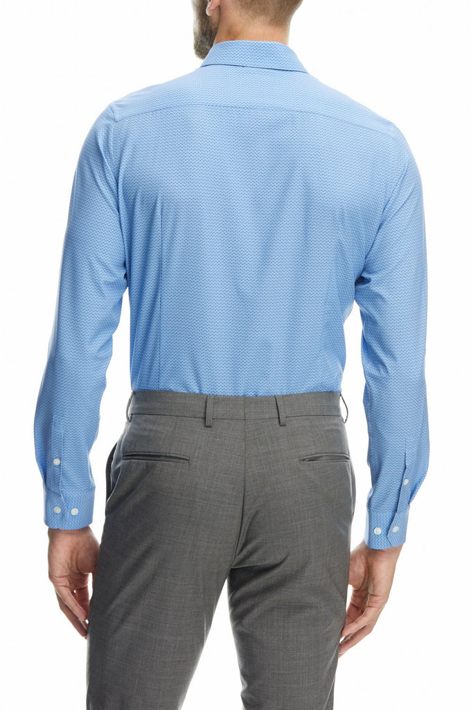 Back view of Man wearing a long sleeve blue button down shirt by state of matter
