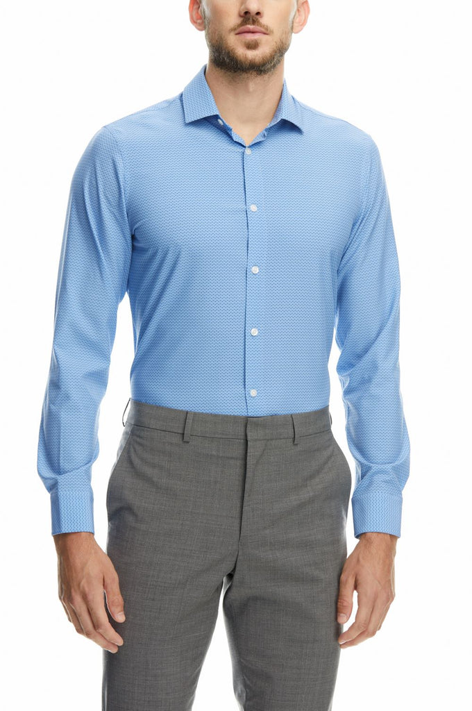 Front view of Man wearing a long sleeve blue button down shirt by state of matter