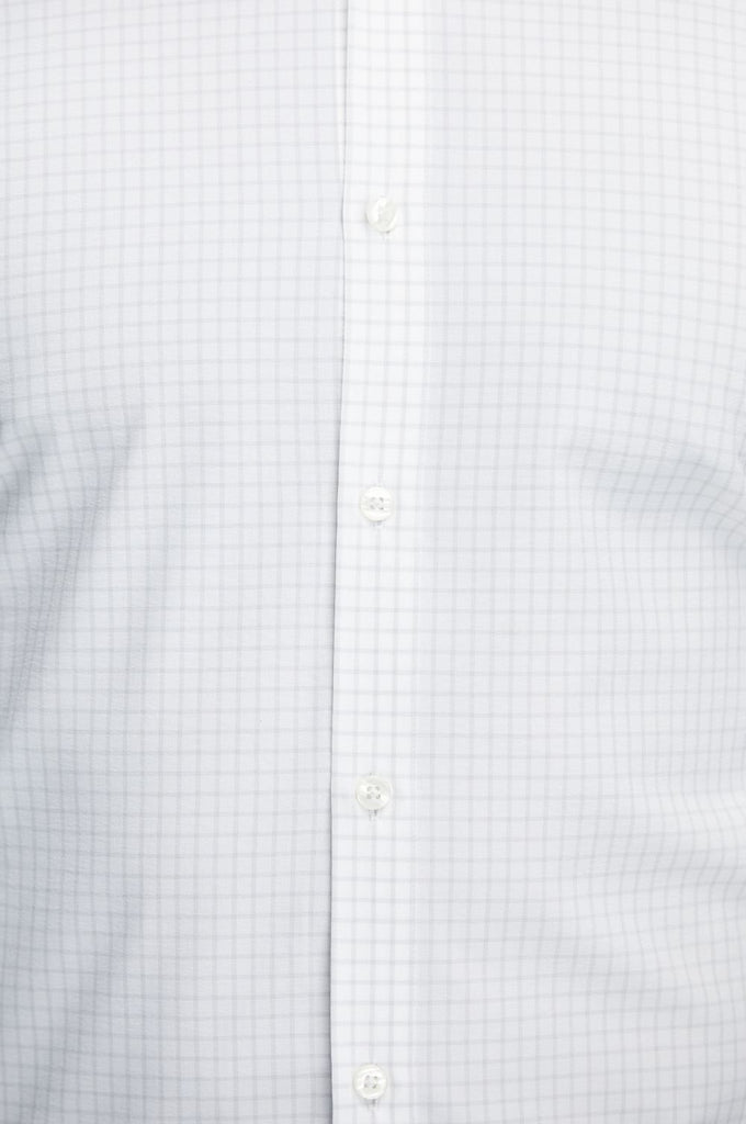 Close-up shot of State of matter sustainable long sleeve grey checkered button down shirt