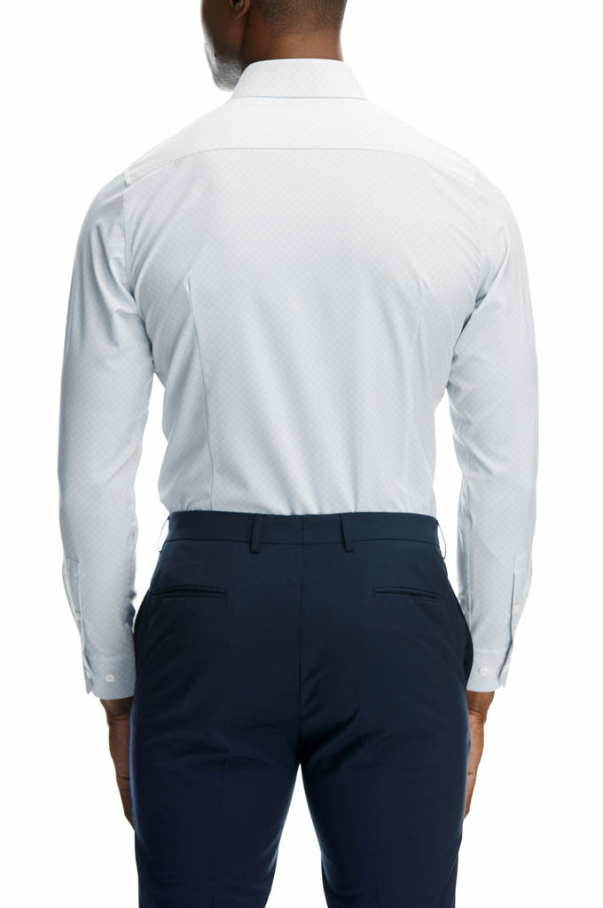 back view of a Man wearing a State of matter sustainable mens long sleeve button down shirt with light gray Geo print