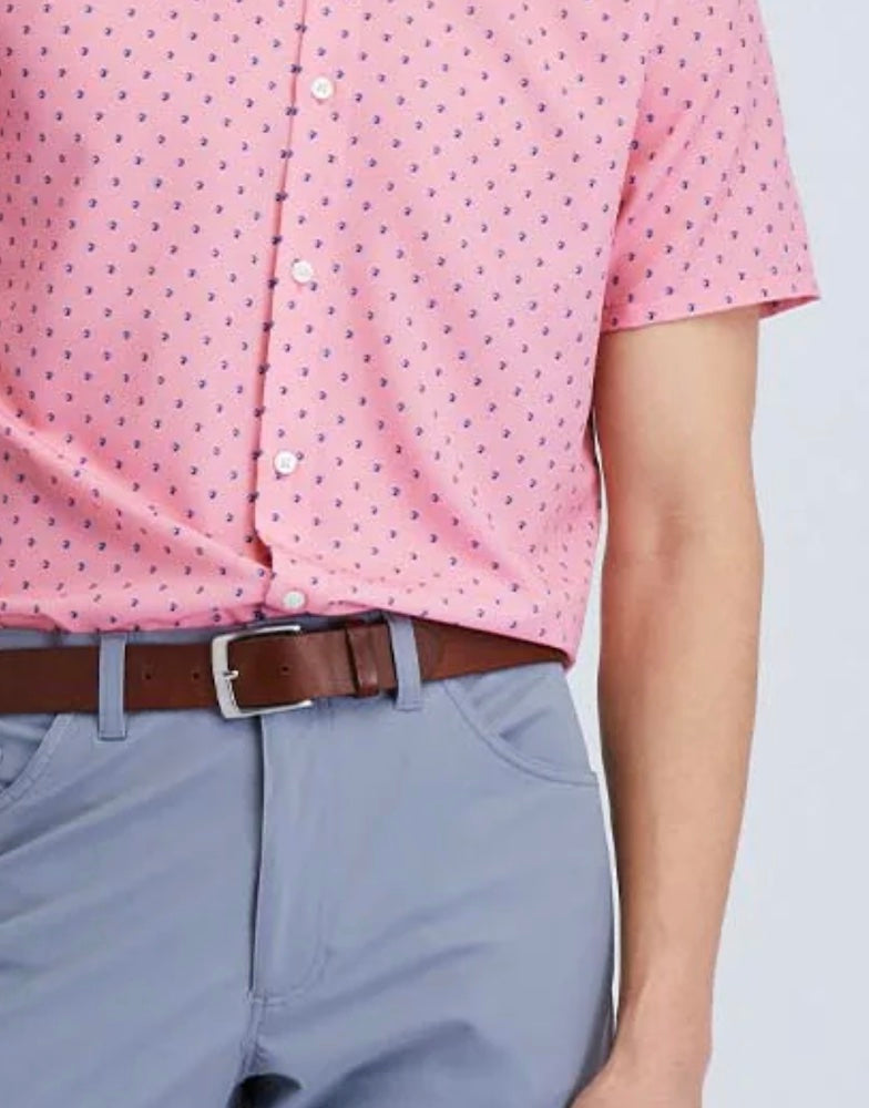 A close up of a man wearing a State of Matter Men's Dark Pink Short Sleeve Shirt With Beach Ball Print and Sustainable Men's Silver Dress Chino Pants