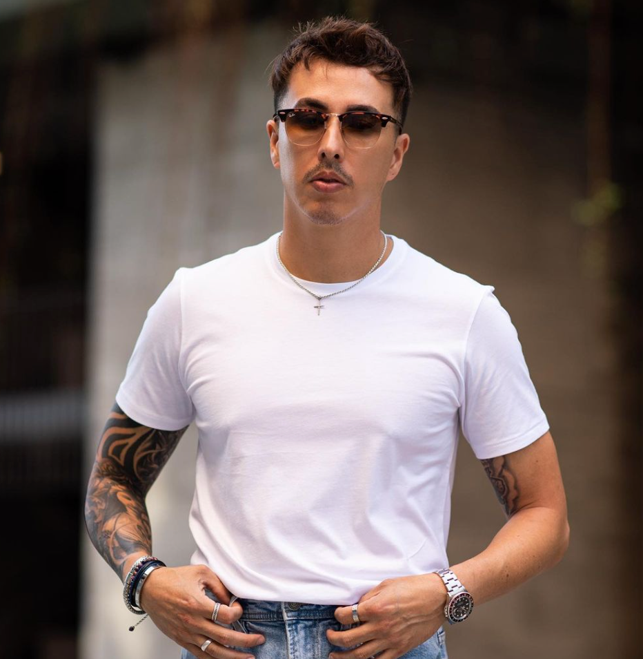 Picture of a man in sunglasses wearing state of matter's sustainable men's plain white T-shirt