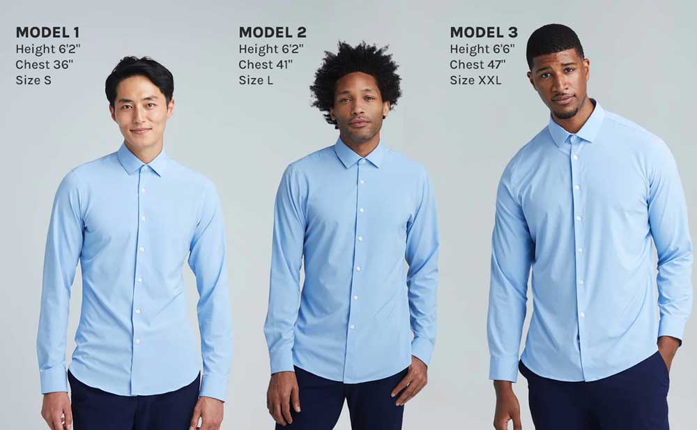 Picture of three male models with their height, chest, and shirt size wearing all wearing the same state of matter is men's light blue button down shirt