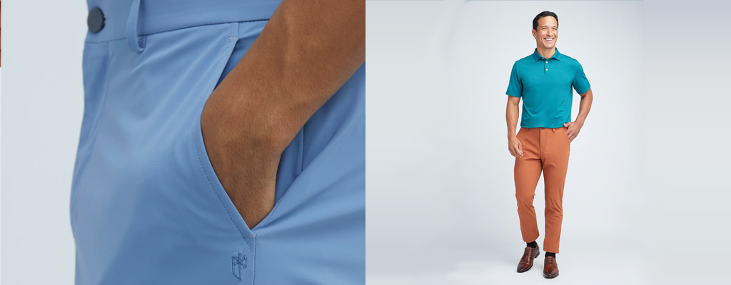 Side-by-side picture of a man's hand in State of matter's light blue chino pants and a man wearing turquoise polo shirt with Orange chino pants