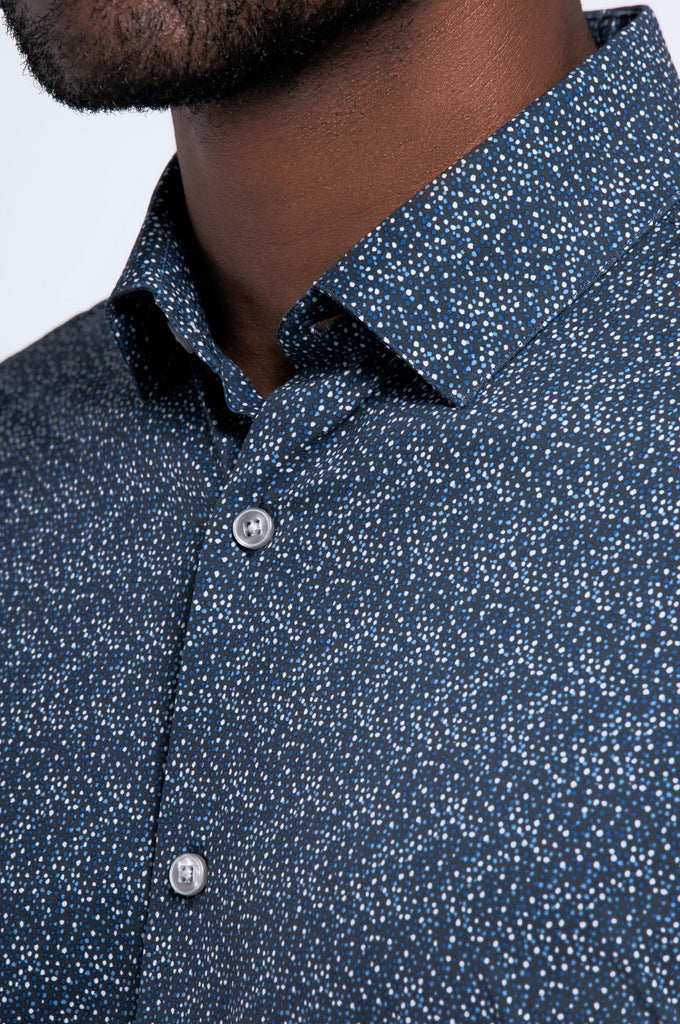 Men's Long Sleeve Dress Shirt - Blue Black Dot