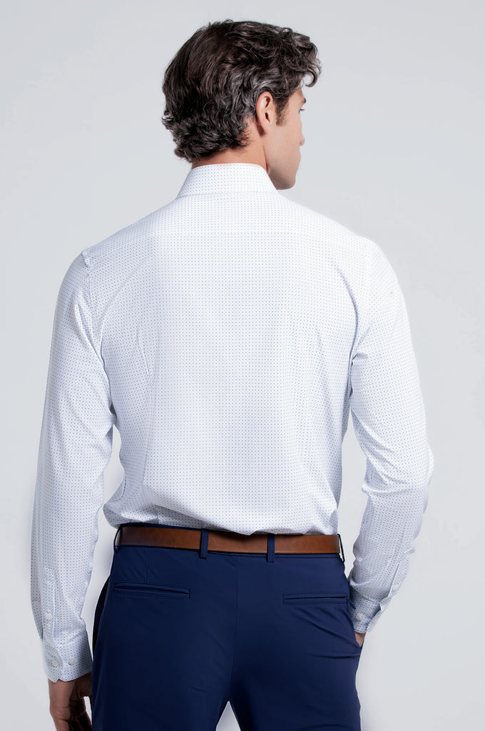 Men's Long Sleeve Dress Shirt - White Teal Dot