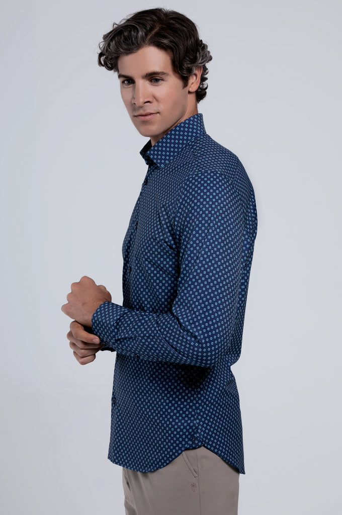 Men's Long Sleeve Dress Shirt - Blue Teal Geo