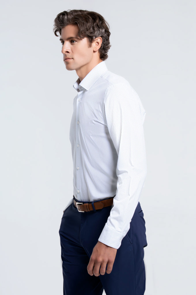 Men's Long Sleeve Dress Shirt - White Teal Dot