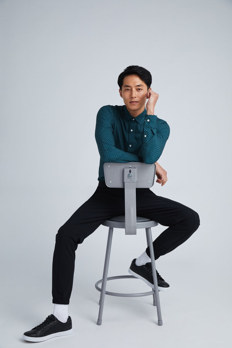 Sustainable Geo Print Long Sleeve Men's Forest Green Dress Shirt State of Matter Apparel